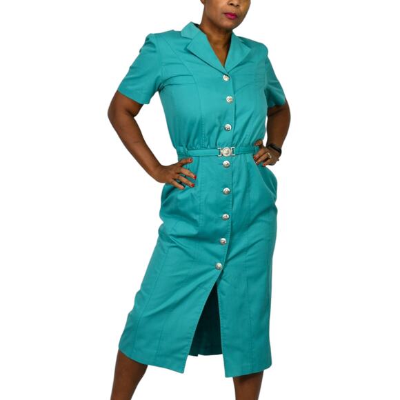 Vintage Together Shirtdress Green Dress Straight Belt Lattice Cutout LionHead 10 - Picture 8 of 14